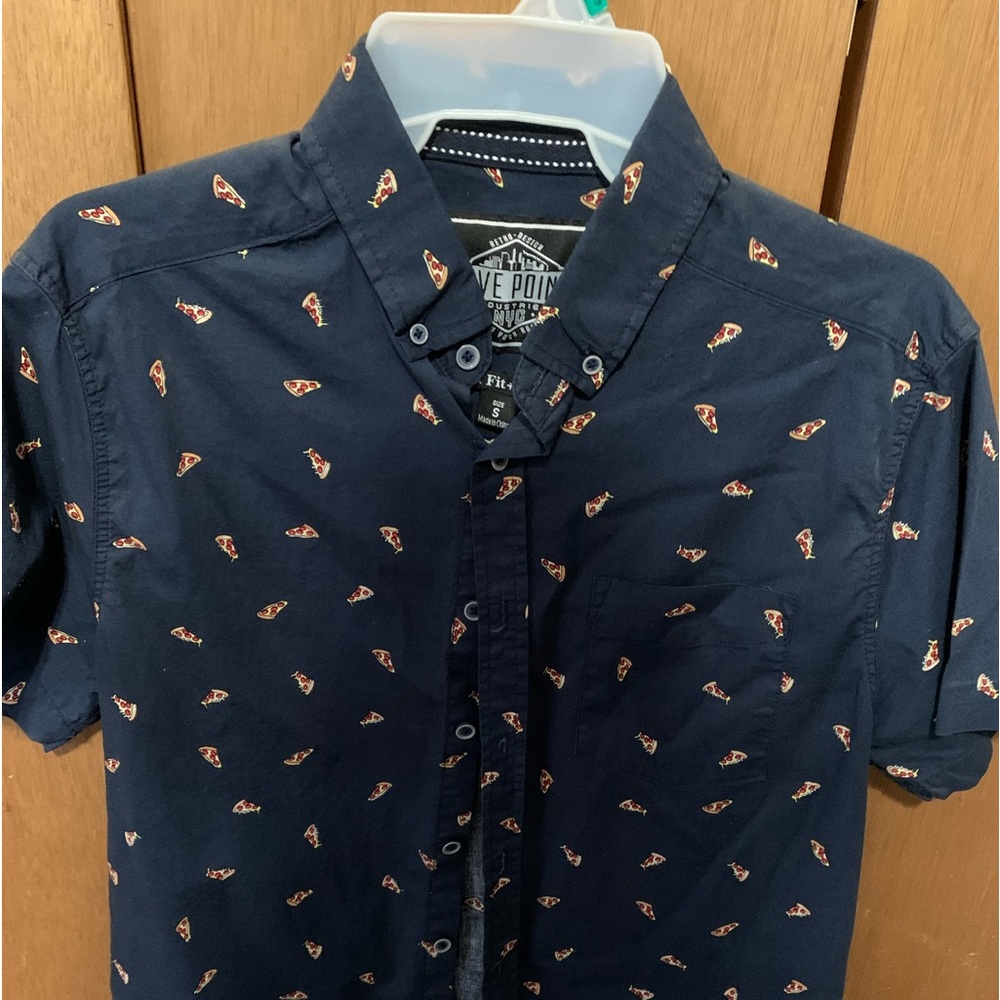Men’s small pizza button up shirt short sleeve navy blue